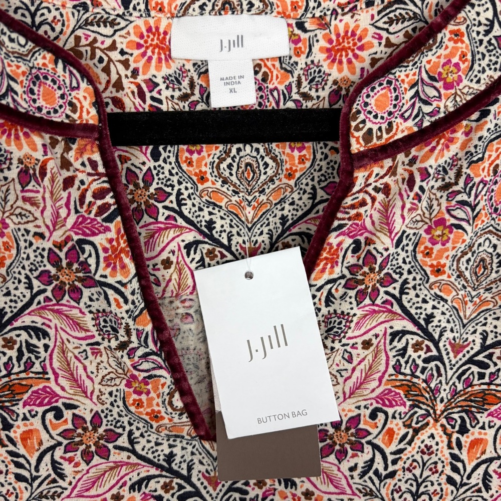 J.Jill Velvet Contrast Trim Top Floral Multicolor Festive Shirt Paisley Size XL - Picture 3 of 8